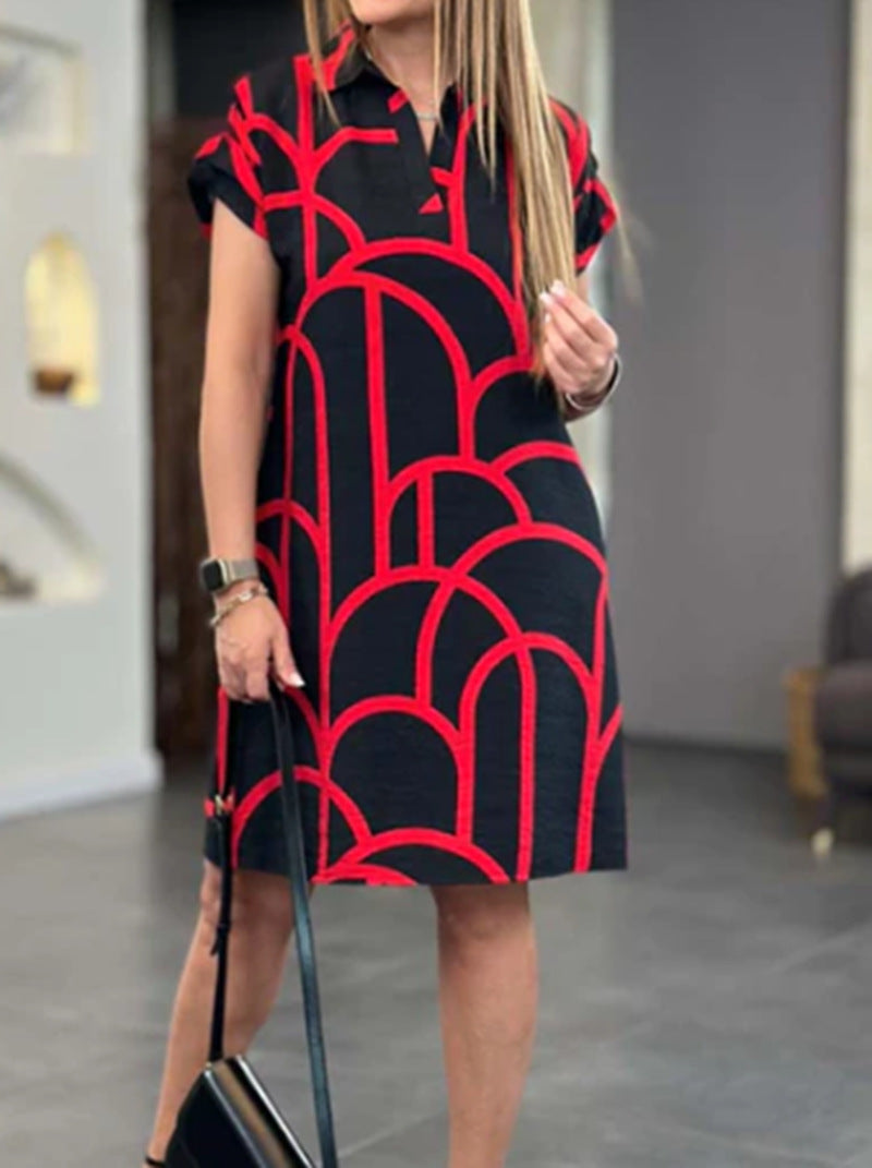 Damen nan geometrisches Shiftkleid mit Polokragen und umgeschlagenen Kurzärmeln Drune