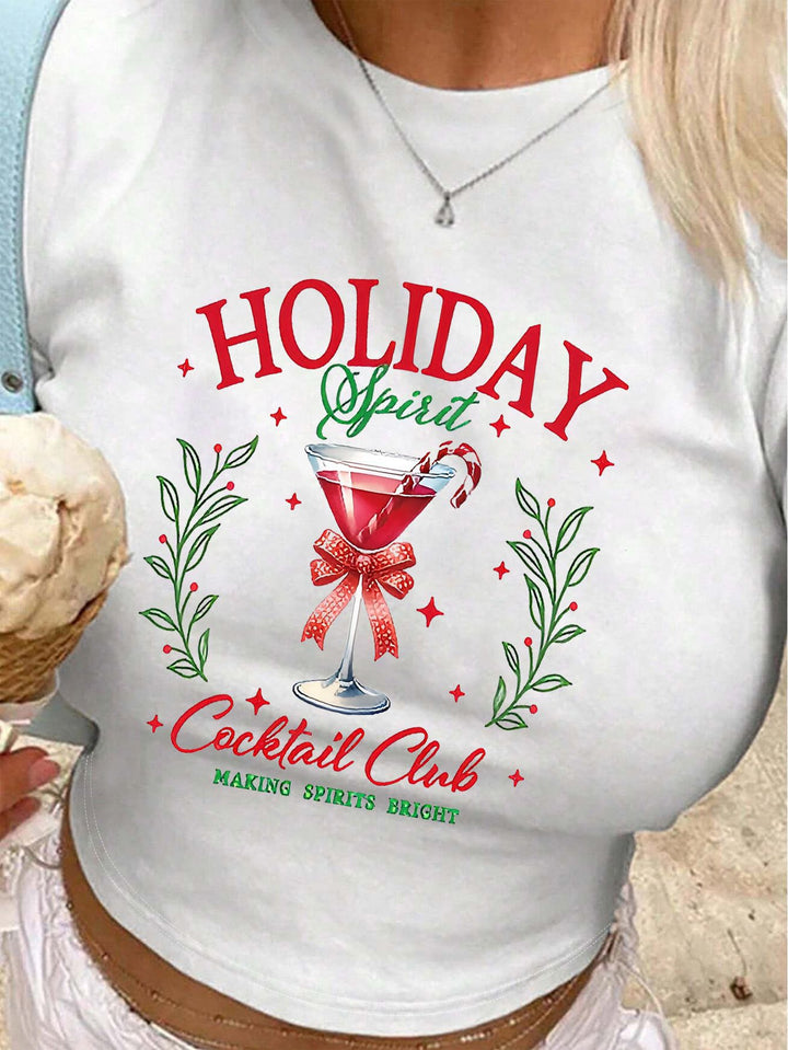 Damen Crop-Top mit kreativen Cocktail-Motiv und festlichem Aufdruck Drune