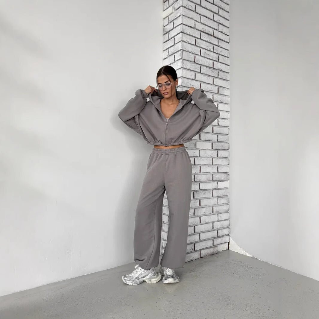 Damen Lounge-Set Cropped-Zip-Hoodie mit Oversize-Ärmeln und High-Waist Palazzo-Jogger Drune