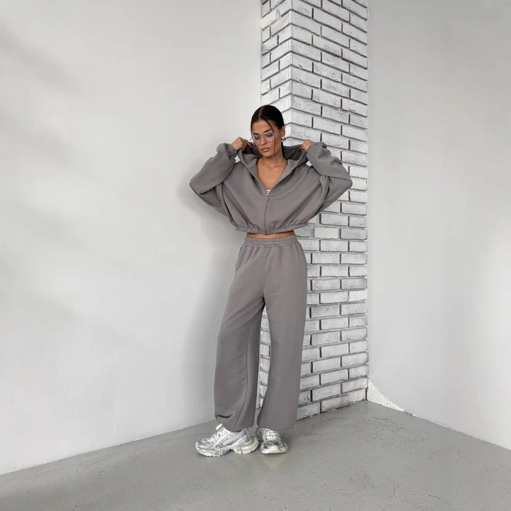 Damen Lounge-Set Cropped-Zip-Hoodie mit Oversize-Ärmeln und High-Waist Palazzo-Jogger Drune