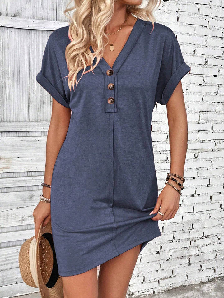 Damen Lockeres V-Ausschnitt Freizeitkleid mit Zierknopfleiste Drune
