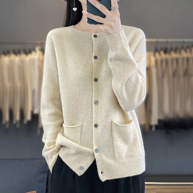 Damen Langer Feinstrick-Cardigan mit Rundhalsausschnitt, Eingrifftaschen und Alpaka-Mix Drune