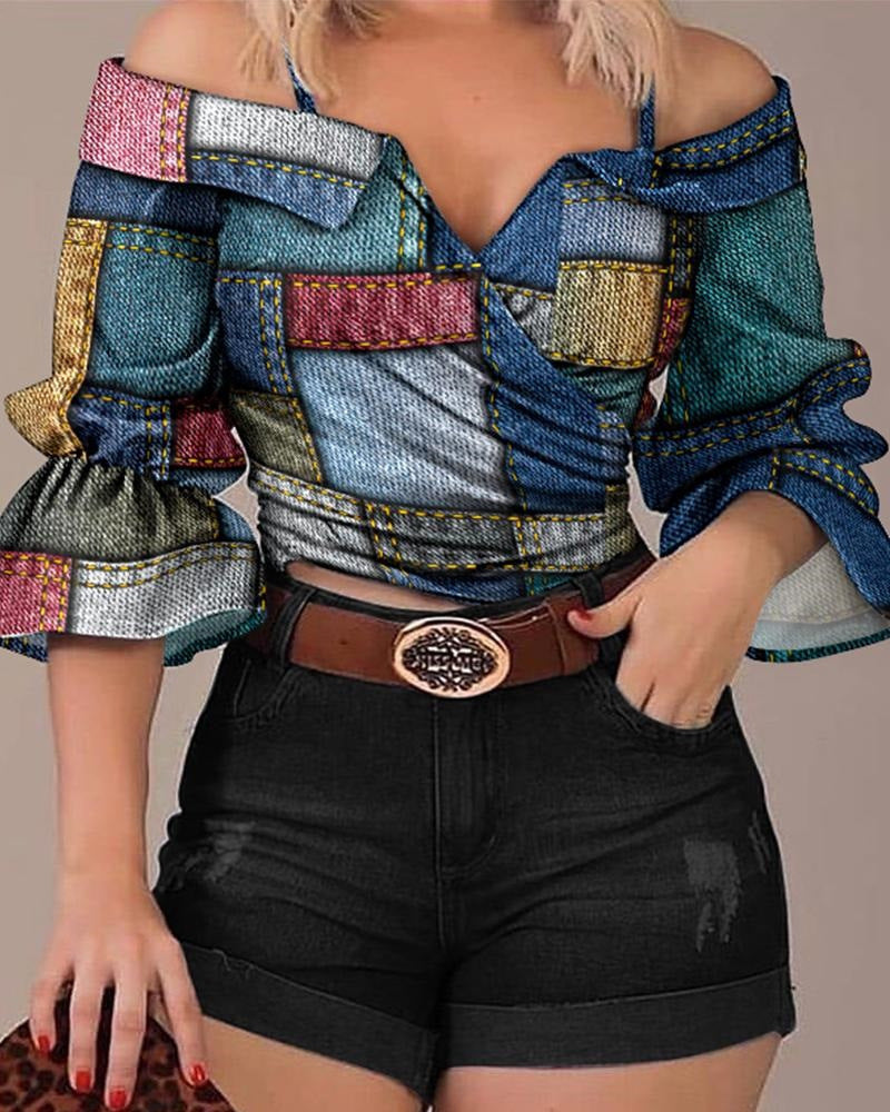 Damen Off-Shoulder Bluse mit buntem Streifenmuster und weiten Ärmeln Drune