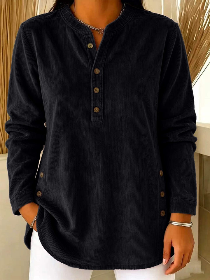 Damen Lässige Cordoptik‑Tunika mit Henley‑Kragen und Seitenknöpfen Drune