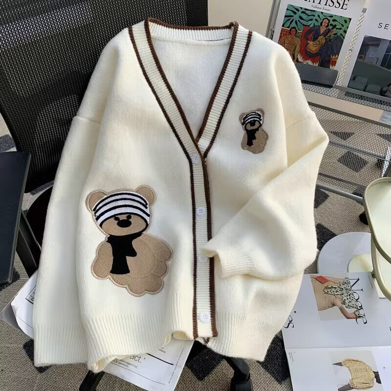 Damen Strickjacke mit Bärenapplikationen und Kontrastdetails Drune