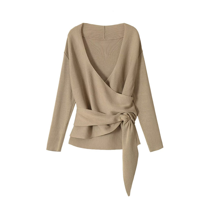 Damen Wickel-Strickpullover mit V‑Ausschnitt und Ziergürtel Drune