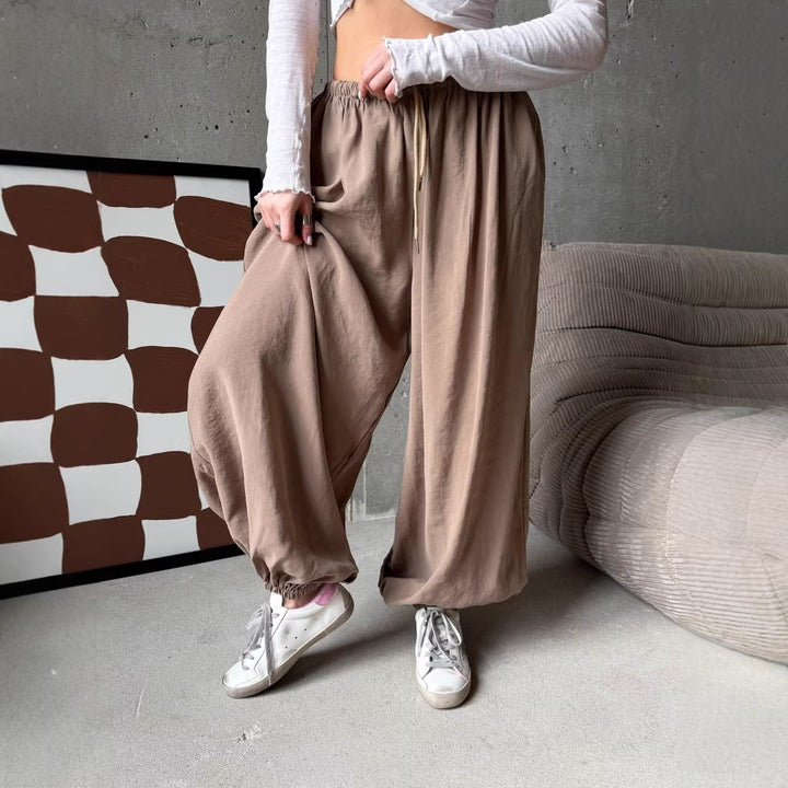 Damen weite Harem-Ballonhose mit hohem Elastikbund, Tunnelzug und lässiger Weite Drune