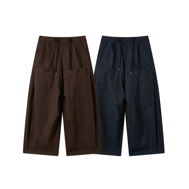 Damen weite verkürzte Bundfaltenhose mit Tunnelzug und Cargotaschen Drune
