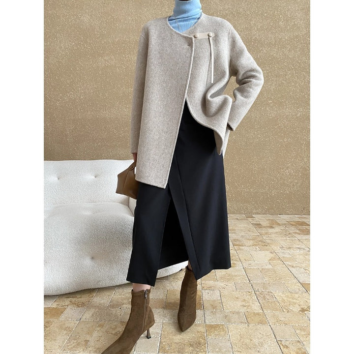 Damen eleganter Midirock mit überlappendem Design und modischen Knopfdetails Drune