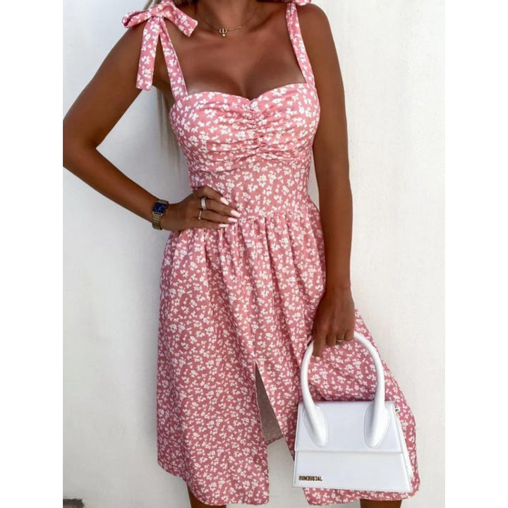 Damen Sommerkleid mit floralem Design und verspielt gebundenen Trägern Drune