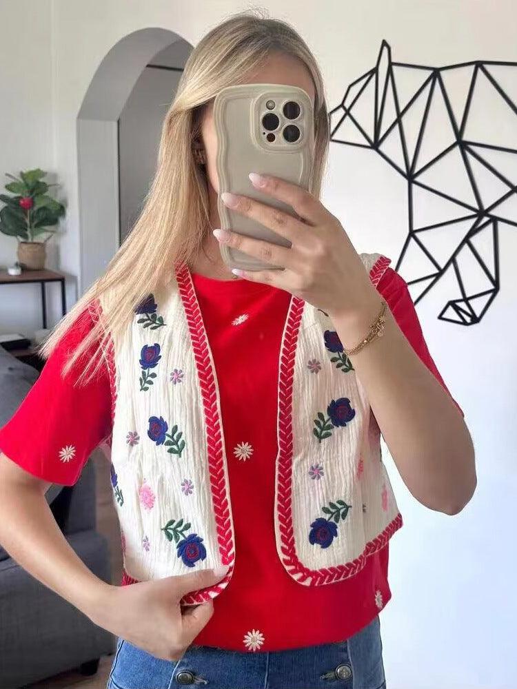 Damen Bestickte Kurz-Weste im Boho‑Chic mit floralen Applikationen Drune