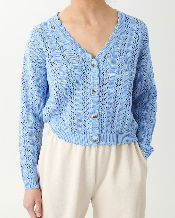 Damen Strickjacke mit filigranem Lochmuster und Wellenabschlüssen Drune