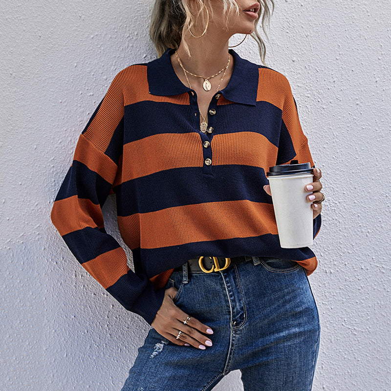 Damen Eleganter Pullover mit Polo-Kragen und Streifen Drune