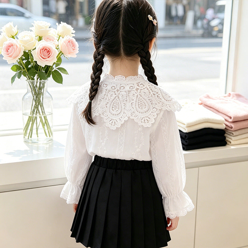 Mädchen elegante Bluse mit Rüschenkragen und Spitzenakzenten Drune