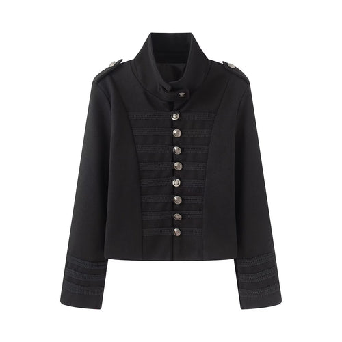 Damen Cropped Militärblazer mit Stehkragen, Zierkordeln und Metallknöpfen Drune