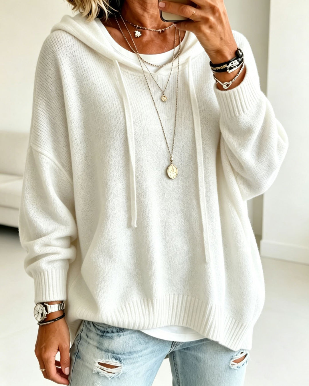 Damen Oversize Kapuzenpullover aus weichem Feinstrick mit Zier‑V‑Ausschnitt Drune