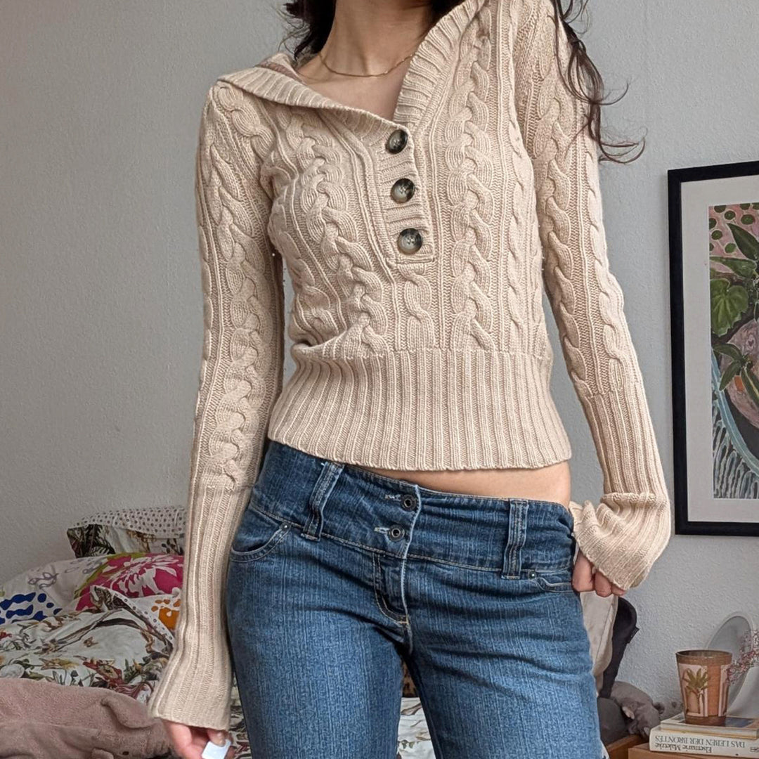 Damen Feinstrick-Pullover mit Zopfstrick, V‑Kragen mit Knopfleiste und breitem Rippbund Drune