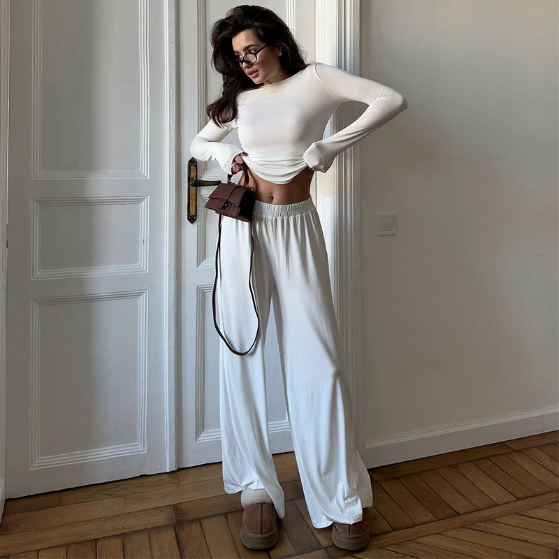 Damen Loungewear Set aus langärmligem Oberteil und weit geschnittenen Hosen Drune