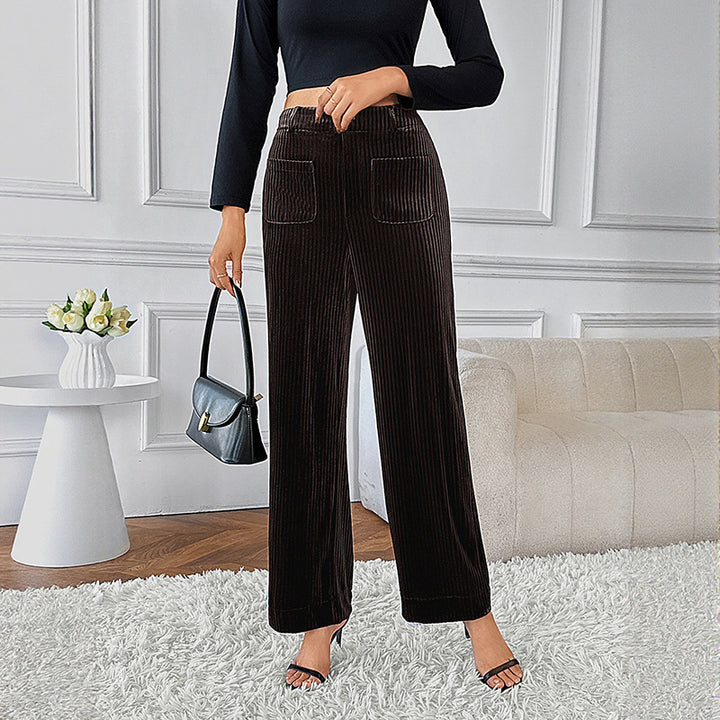 Damen Weite Samt-Cordhose mit hoher Taille, Gummibund und Eingrifftaschen Drune