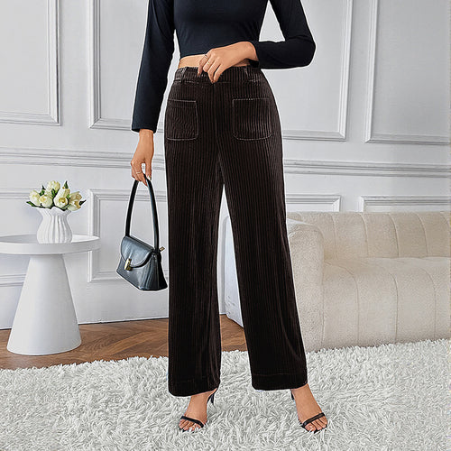 Damen Weite Samt-Cordhose mit hoher Taille, Gummibund und Eingrifftaschen Drune
