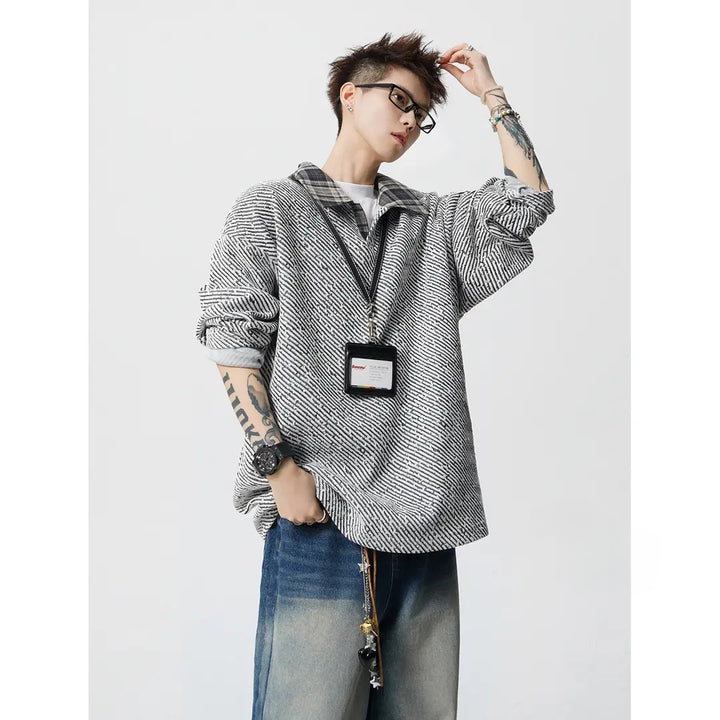 Herren Oversize Strukturiertes Sweatshirt mit Polokragen und diagonaler Strickstruktur Drune
