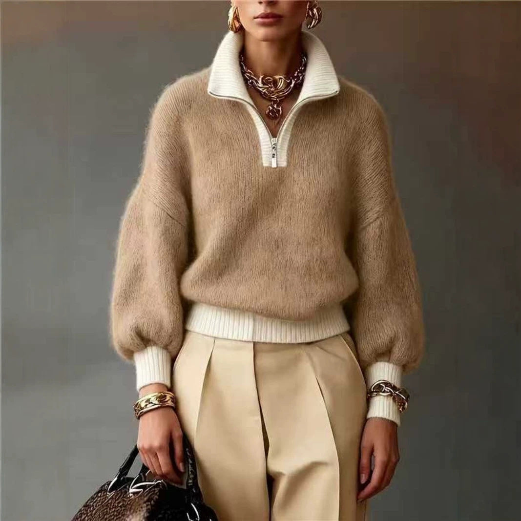 Damen Flauschiger Pullover mit halbem Reißverschluss, Stehkragen und Ballonärmeln Drune