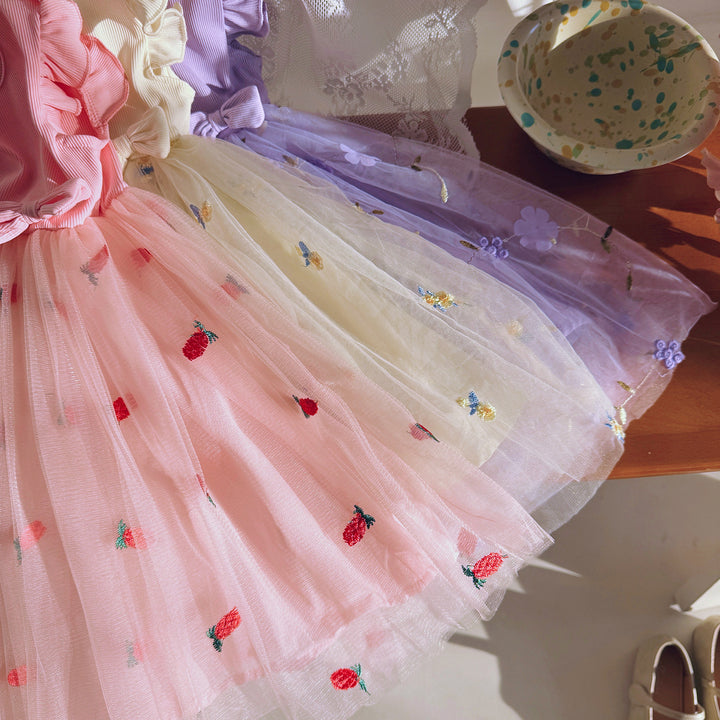 Mädchen Besticktes Tüll Festkleid mit Rüschensäumen Drune