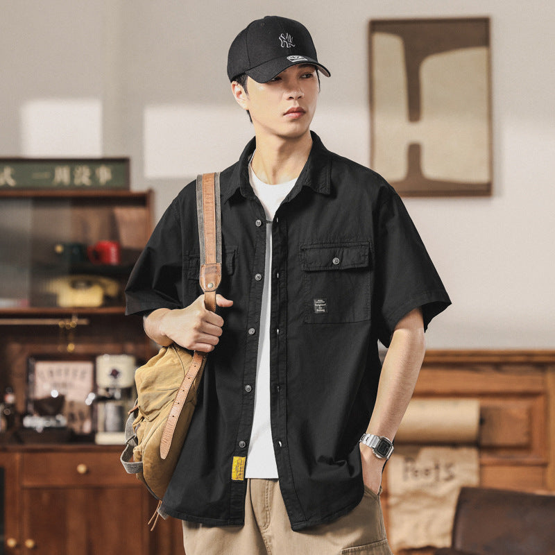 Herren Kurzarm-Fieldshirt im Overshirt-Look mit doppelten Brustklappen, verstärkten Nähten und gerundetem Saum Drune