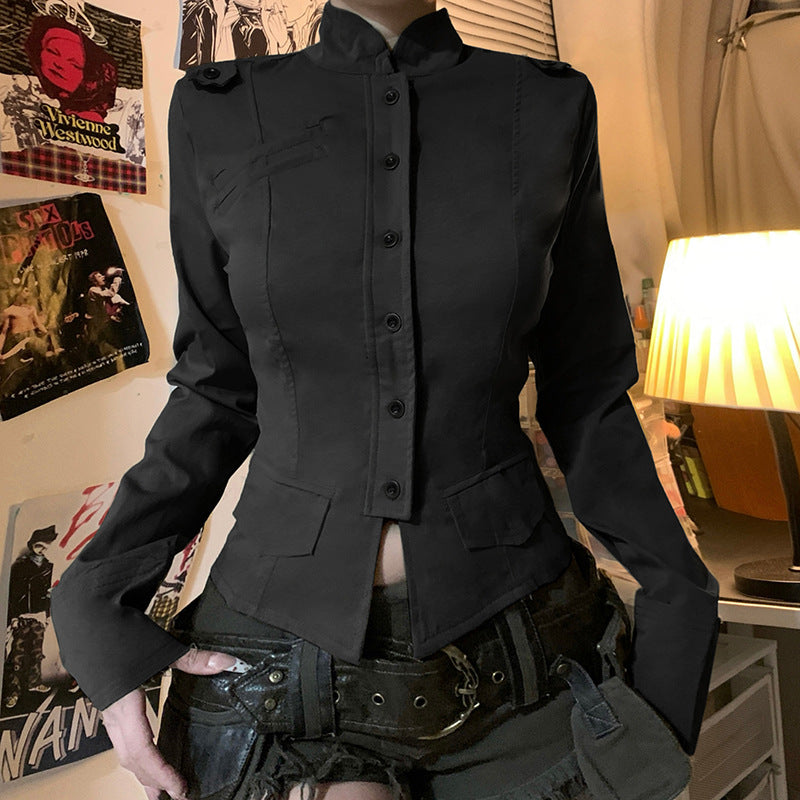 Damen nan taillierte Utility‑Militärjacke mit Stehkragen, Schulterpatten und aufgesetzten Pattentaschen Drune