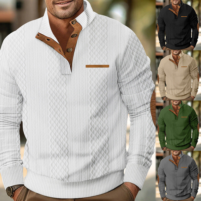Herren nan strukturierter Stehkragen-Pullover mit halber Knopfleiste und Ellbogen-Patches Drune