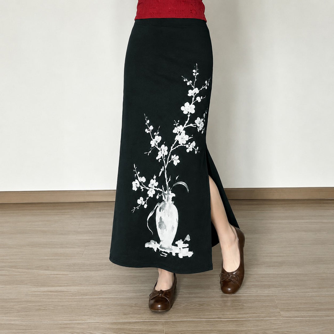 Damen nan ausgestellter Maxi-Rock mit A-Linien-Schnitt, elastischem Bund und floraler Aquarell-Vasen-Print Drune
