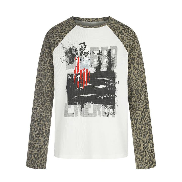 Damen Langarmshirt im Baseball-Stil mit Leopardenärmeln und Grafikprint Drune
