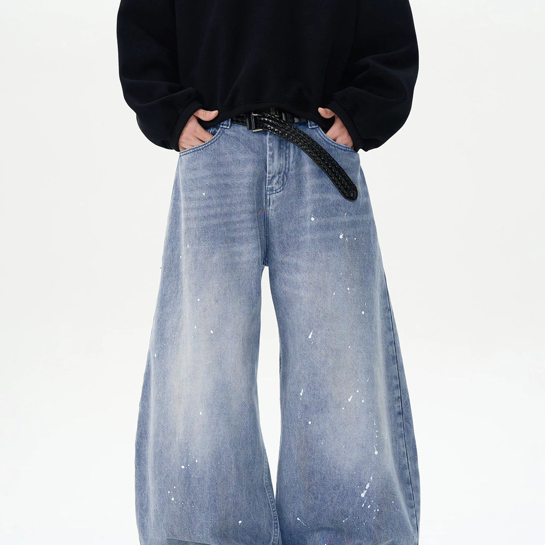 Herren Extraweite Paint‑Effekt Baggy‑Jeans mit tiefem Schritt und Used‑Wash Drune