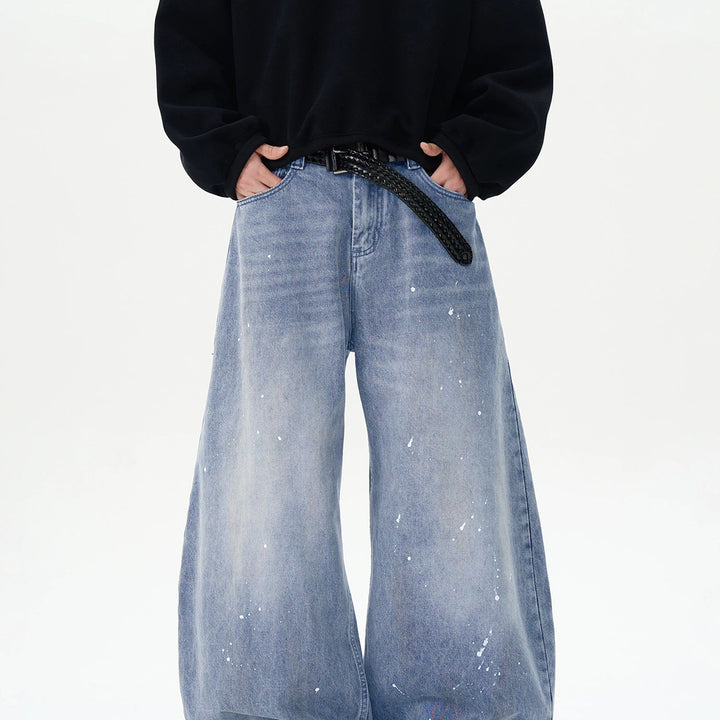 Herren Extraweite Paint‑Effekt Baggy‑Jeans mit tiefem Schritt und Used‑Wash Drune