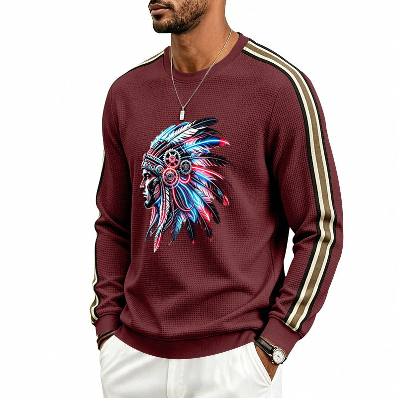 Herren Sweatshirt mit stilisiertem Kopfschmuck-Print und Kontraststreifen an den Ärmeln Drune