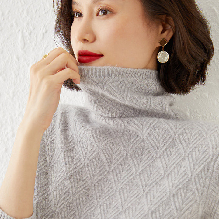 Damen Luxuriöser Mohair‑Mix Rollkragenpullover mit diamantgewDruneter Ajourstruktur Drune