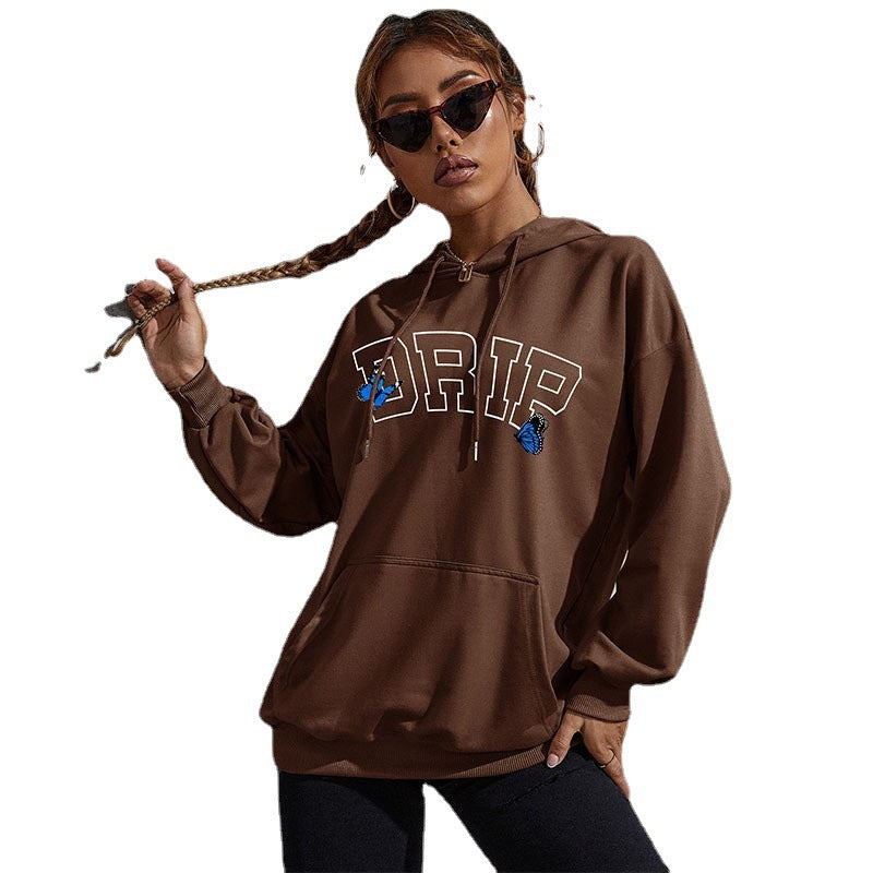 Damen Oversize-Kapuzenpullover mit Kängurutasche und Schmetterling-Stickerei Drune