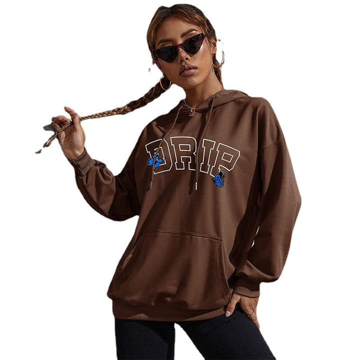 Damen Oversize-Kapuzenpullover mit Kängurutasche und Schmetterling-Stickerei Drune