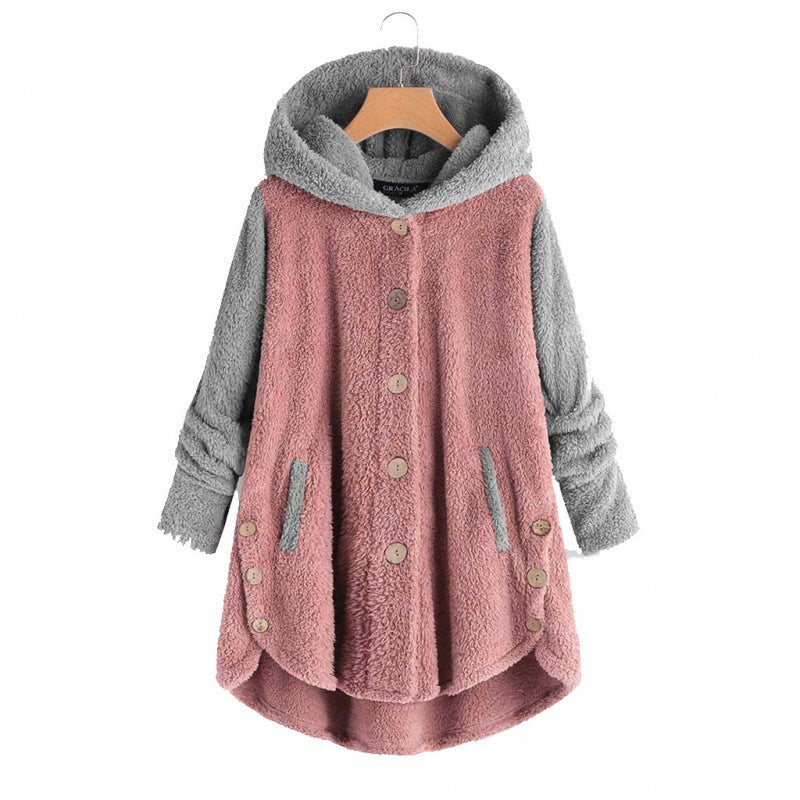 Damen Oversized Teddy-Mantel mit Kapuze, asymmetrischem Zipfelsaum und Holzknopf-Leiste Drune