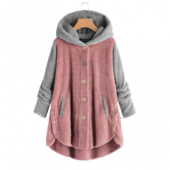 Damen Oversized Teddy-Mantel mit Kapuze, asymmetrischem Zipfelsaum und Holzknopf-Leiste Drune