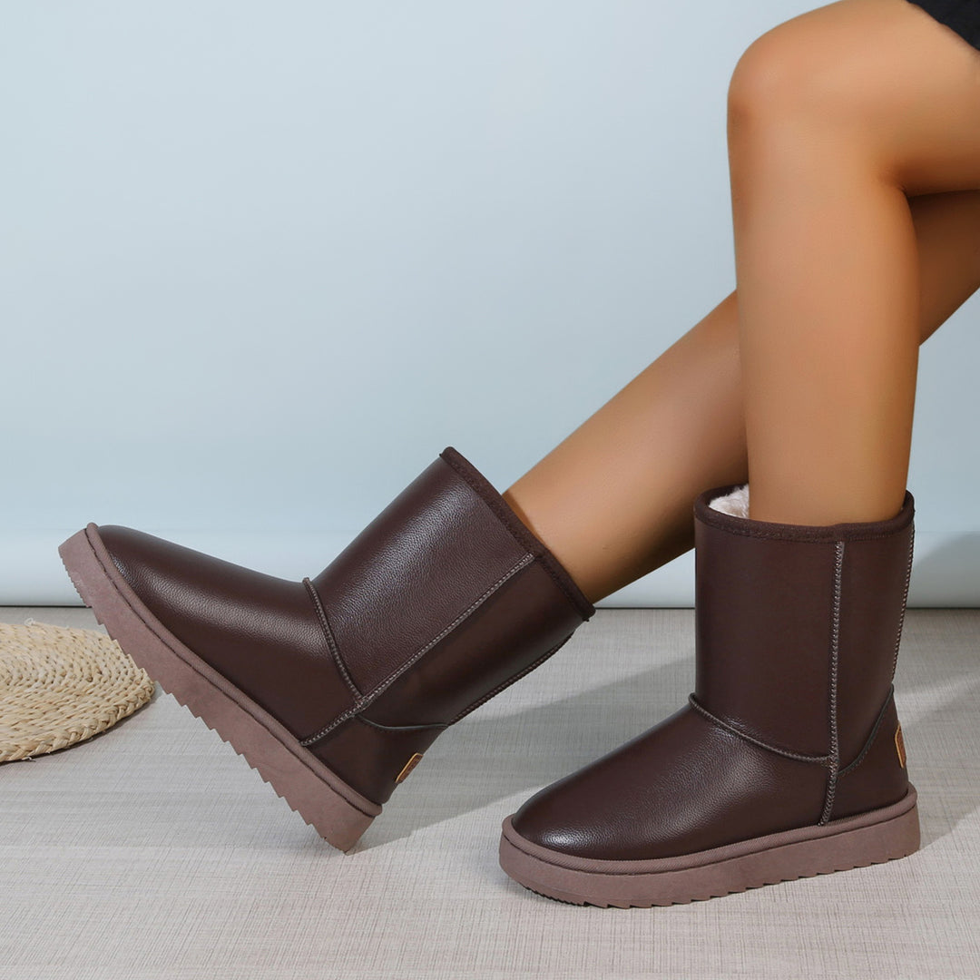 Damen Winterstiefel mit Teddyfutter, Lederoptik und flacher Plateau‑Sohle Drune
