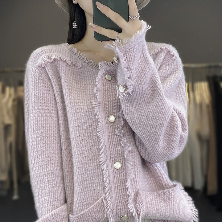 Damen Strickcardigan mit Fransenblende, Perlmuttknopfleiste und aufgesetzten Taschen Drune