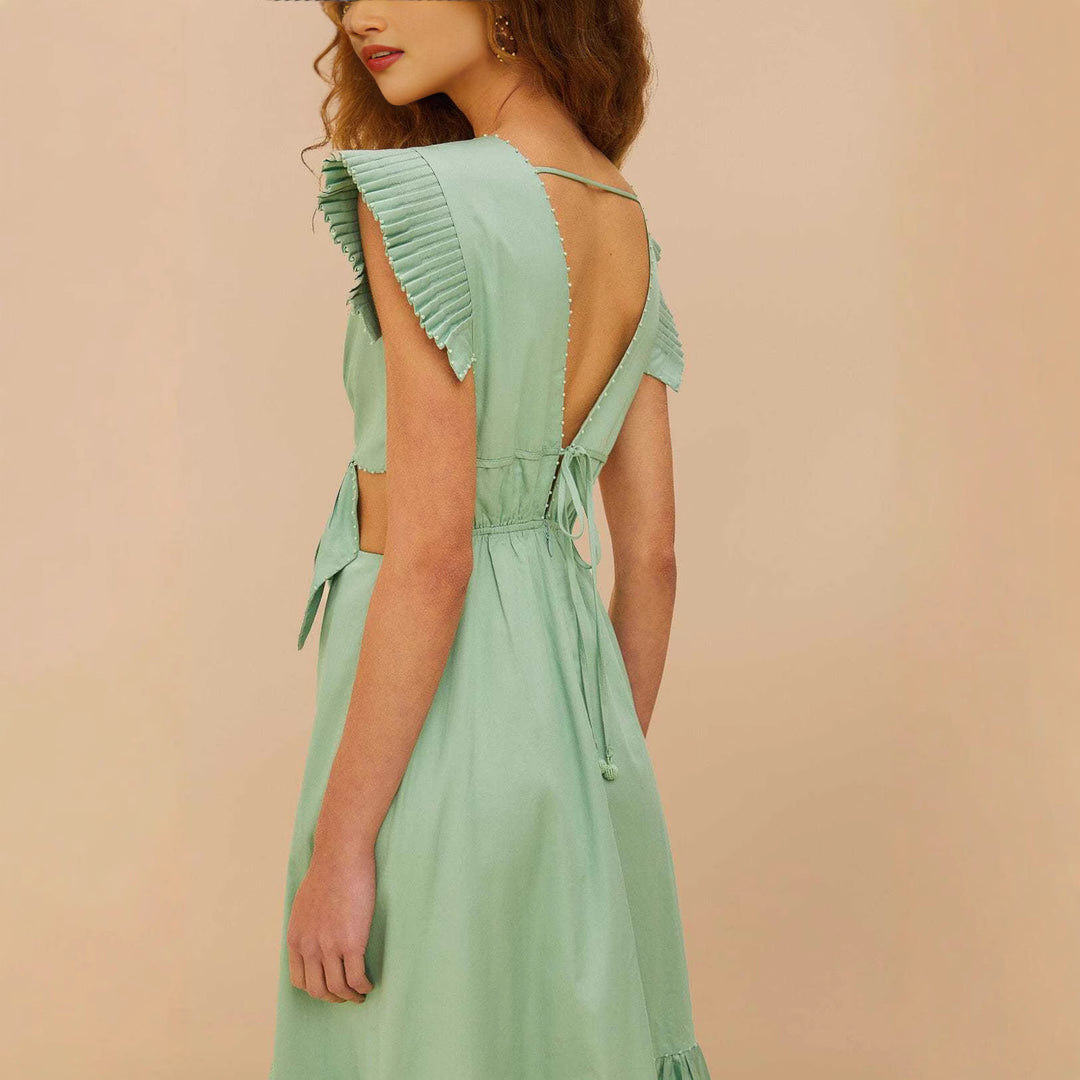 Damen Maxikleid mit hoch geschnittenen Rüschenärmeln und verstellbarem Taillenbund Drune