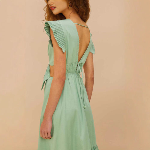 Damen Maxikleid mit hoch geschnittenen Rüschenärmeln und verstellbarem Taillenbund Drune