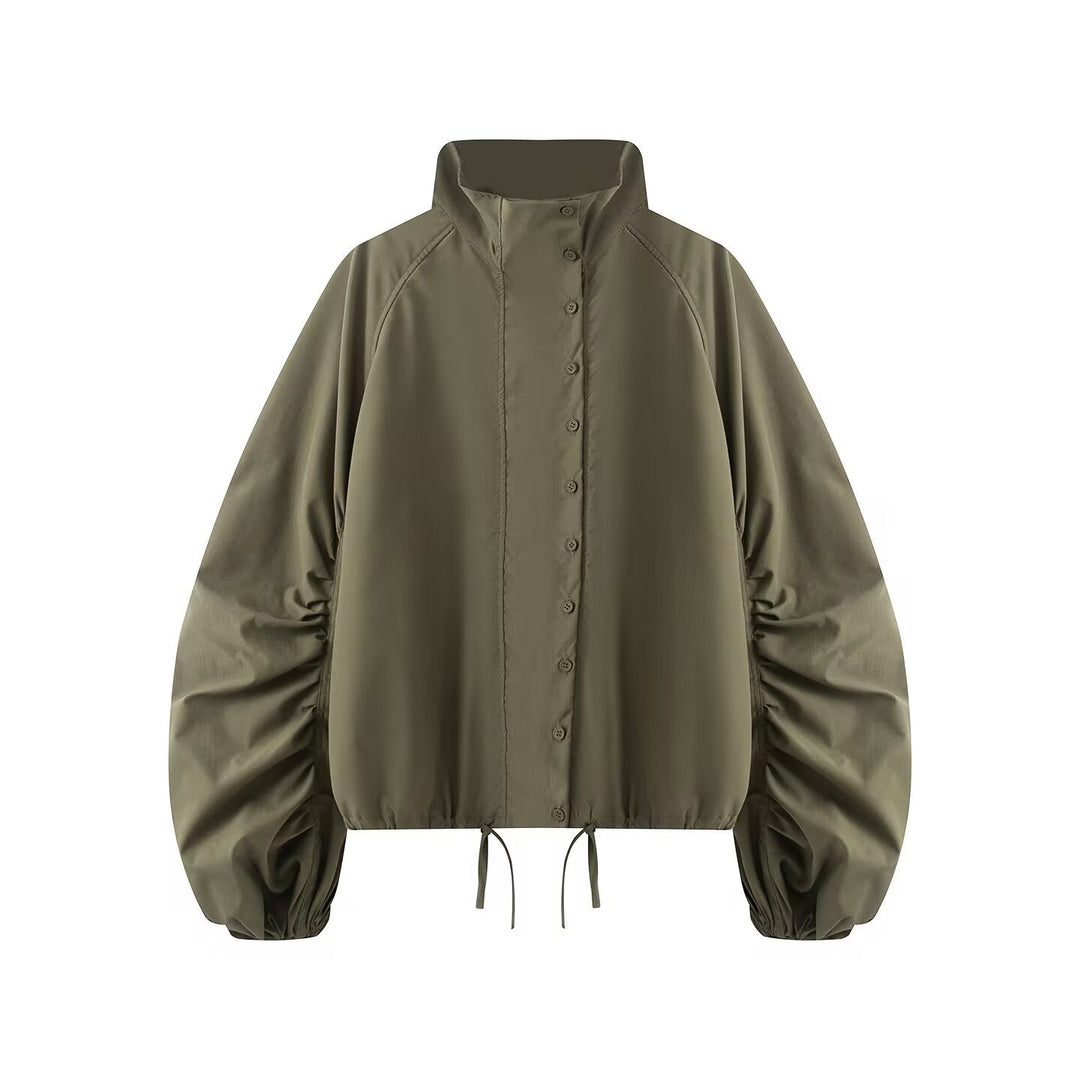 Damen Übergangsjacke mit weitem Ballonärmeln, Stehkragen und Tunnelzug Drune