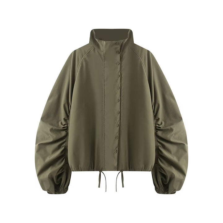 Damen Übergangsjacke mit weitem Ballonärmeln, Stehkragen und Tunnelzug Drune
