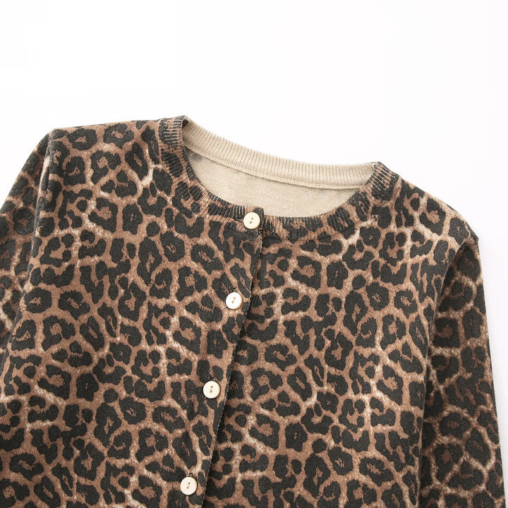 Damen Feinstrick-Cardigan mit Leoprint, Rundhals und durchgehender Knopfleiste Drune
