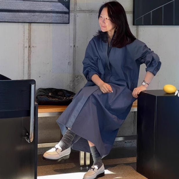 Damen Langes Oversize-Hemdblusenkleid aus Baumwollpopeline mit seitlichen Eingrifftaschen und Rückenpasse Drune