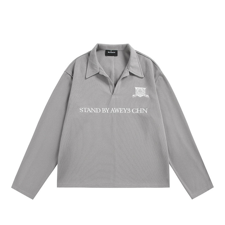 Unisex Langärmeliges Rugby-Polo mit offenem Kentkragen und Brustprint Drune