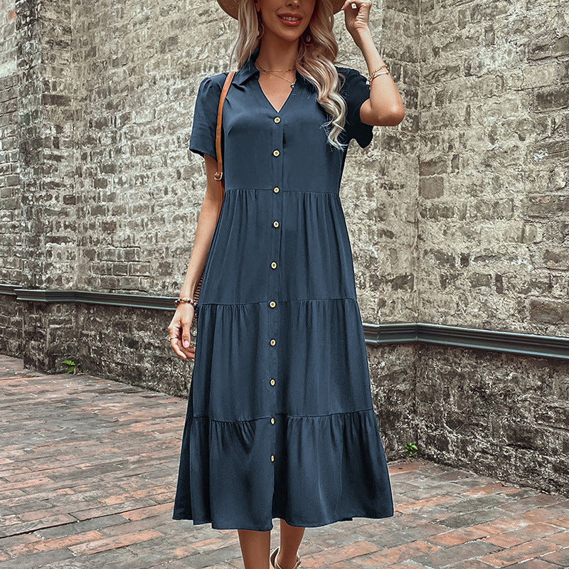 Damen lässiges Maxikleid mit Knopfleiste und voluminösen Rüschen Drune